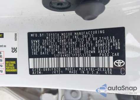 2023 Toyota Corolla Le z USA, uszkodzony, nr VIN 5YFB4MDE1PP053736